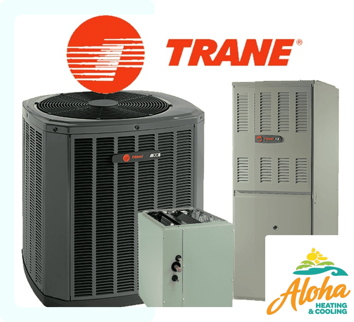 Trane HVAC systems including air conditioner and furnace with logo.
